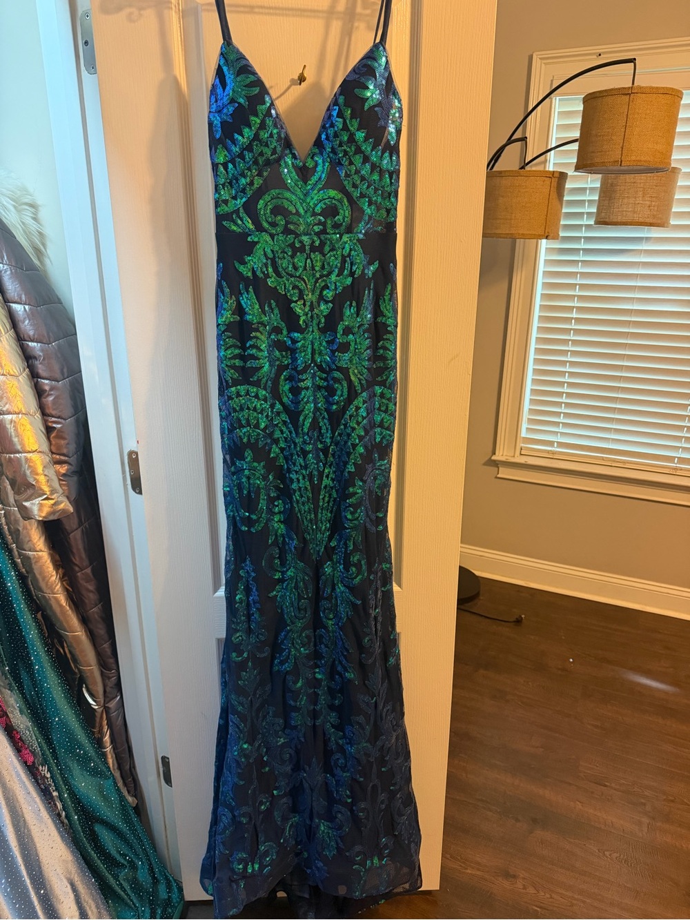 Navy Blue & Green Sequin V-Neck Evening Gown